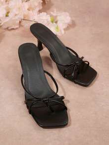 New Vacation Style Square Toe Thin Heel Sandals, Summer Outdoor Bowknot Flip Flops, Beach High Heel Mules - Black - View 2