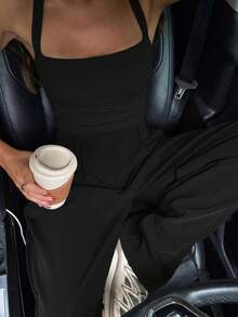 女士休闲无袖露脐上衣及宽松套装，时尚度假装，春夏黑色 - 黑色 - 查看 4