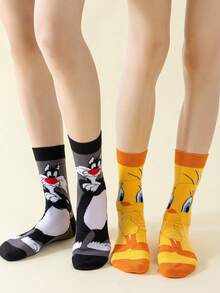 Noctvar OBM Sleepwear X LOONEY TUNES 2双装傻大猫和Chui Di卡通图案男士中筒袜，可爱卡通独特趣味图案，时尚夏季透气吸汗休闲百搭船袜，疯狂兔子图案，适合学生/成人作为礼物和日常穿着，情侣款 - 彩色 - 查看 9