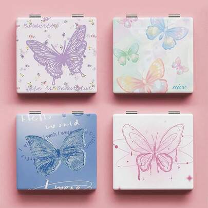 1个可爱韩式花卉蝴蝶皮革折叠便携镜，ins风蝴蝶口袋镜，适合各种场合，送亲朋好友皆宜