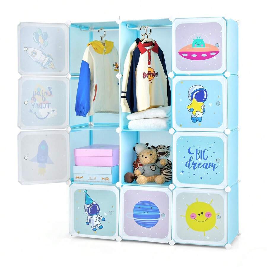 COSTWAY Portable Children Wardrobe With 12 Cubes And 2 Clothes Hanging Section, Blue - Blue - View 1