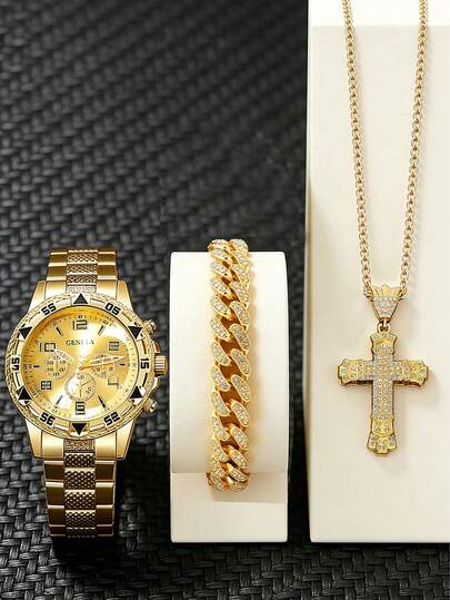 Bộ 3 món đồng hồ thạch anh thời trang và trang sức vàng phong cách hip hop dành cho thanh thiếu niên và các chàng trai trẻ, thích hợp cho sử dụng hàng ngày, dự tiệc, ngày lễ và các dịp khác, món quà tuyệt vời dành cho bạn bè.
