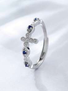 1pc Minimalist Style Luxury Niche Design Korean Unisex Micro-Inlaid Zirconia Cross Adjustable Open Ring - Silver - View 10