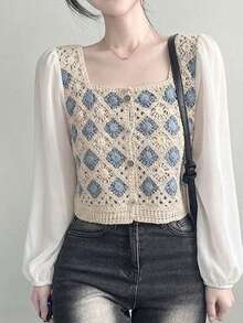 New Arrival Summer Casual Colorblock Crochet Patchwork Long Sleeve Cropped Shirt - Apricot - View 5
