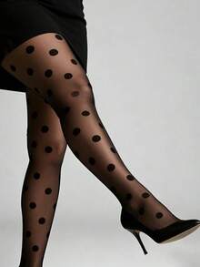 1双女士黑色大波点连裤袜，高腰修身，弹力柔软面料，轻盈透气设计，复古百搭款 - 黑色 - 查看 5