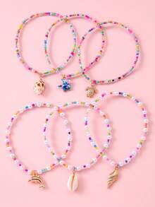 Set de 6 piezas Tobillera con cuentas con colgantes de estilo de playa de verano para niñas, con conchas, animales marinos, estrellas de mar, caracolas y tortugas - Multicolor - Ver 1