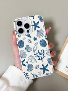 1pc White Blue Tone Shell Conch Personalized Pattern Full Coverage TPU Anti-Fall Phone Case Compatible With Apple 16 15 14 13 12 11promax - Multicolor - View 1