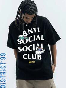 Anti Social Club Graphic Cropped T-Shirt For Boys And Girls Men, Women All Ages Family T-Shirt Letter New Streetwear Clothing Harajuku T-Shirt Cotton Half Sleeve Tee, Y2K Style Casual Cotton Classic Crewneck Design Tee - màu đen - Xem 1