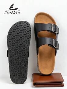 Salkin 经典男士拖鞋，双扣设计，柔软软木鞋底，时尚哑光黑色，方便穿脱，鞋面柔软舒适透气，镂空设计，防滑耐磨鞋底，速干防臭，轻便户外沙滩凉鞋，大码 - 黑色 - 查看 5