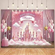 Customizable Pink Castle Princess Happy Birthday Backdrop With Pink Dreamy Castle, Pink Flowers, Gold Crown, And Sparkling Stars Design-Perfect For Princess-Themed Birthday Parties, Cake Table Backdrops, Decorations, And Photo Backdrops (Vinyl) - Multicolor - View 3
