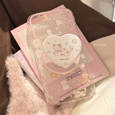 GUCADI 透明磁吸式绿色苹果猫+粉色荔枝猫手机壳支架，适用于 17 Pro Max、16 英寸手机，绿色苹果猫磁吸支架适用于 15 英寸手机，也适用于 13 英寸手机，柔软可爱，少女风，创意几何图案，卡通风格，清新简约，小众，ins风