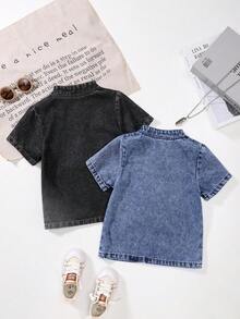 Bộ 2 áo thun ngắn tay cổ kéo khóa nửa thân cho bé trai mùa hè, áo thun denim thường ngày, áo chui đầu cổ bóng chày. - Nhiều màu - Xem 3