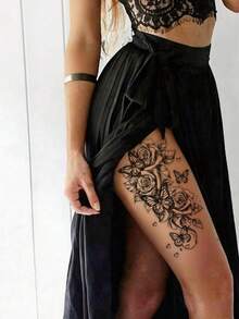 6pcs Flower Tattoo Stickers, Black Rose Pattern, Realistic & Durable Waterproof Fake Tattoo Stickers For Women, Arm Sketch Tattoo Stickers, Suitable For Daily Makeup, Festivals And Parties - Black - View 3