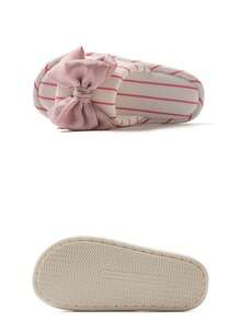 Women's Velvet Bow Decor Elegant Contrast Color Linen Striped Indoor Slippers, Suitable For Summer Home Wear, Eid/Mother's Day Gift - Pink - View 4