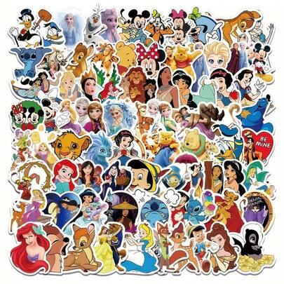 100 pièces Collection de personnages d'anime Autocollants graffitis, autocollants décoratifs mignons pour bouteille d'eau, téléphone, ordinateur portable, réfrigérateur, valise, cahier, personnages de dessins animés incluant Stitch, sirène