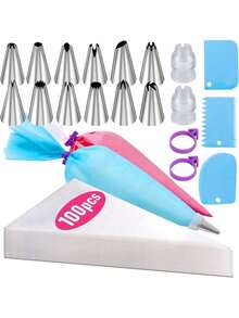 Piping Bags And Tips Set, 100Pcs 12 Inch Pastry Bags, Icing Bags Disposable For Cakes Decorating Kit Supplies With 1 Reusable Piping Bags, 1 Couplers, 12 Frosting Tips, 2 Bag Ties, 3 Cake Scraper - Xem 1