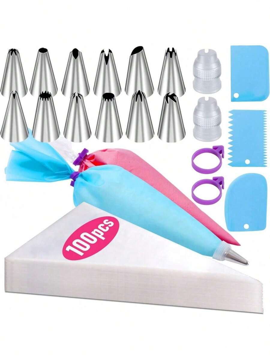 Piping Bags And Tips Set, 100Pcs 12 Inch Pastry Bags, Icing Bags Disposable For Cakes Decorating Kit Supplies With 1 Reusable Piping Bags, 1 Couplers, 12 Frosting Tips, 2 Bag Ties, 3 Cake Scraper - Xem 1