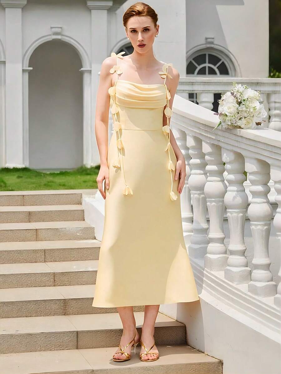 EVERPRETTY Gaun Midi Satin Musim Panas dengan Tali Bahu Tipis untuk Tamu Pernikahan, Cocok untuk Pernikahan, Ulang Tahun, Pesta Malam - Kuning - View 1