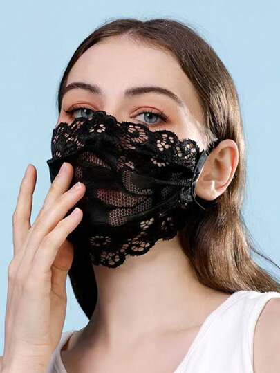 1pc Lace Hanging Ear Mask For Women, Adjustable Ear Strap, Mesh Thin Face Cover, Black Sweet Floral Lace Embroidery, Suitable For Spring/Summer