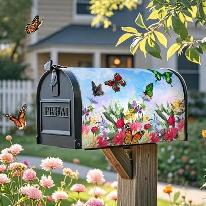 Mailbox Covers Magnetic Standard Size 18 X 21 Inch Beautiful Flowers In Spring,Mailbox Wraps For Garden Yard Home Outdoor Decor (Butterfly &Amp; Flower)