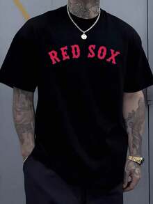 1pcs Red Sox Letter Graphic Men's Sports T Shirt Casual Streetwear 100% Cotton Tee Vintage Baseball Theme Digital Printed T Shirt Print Y2K Crew Neck T Shirt For Women, Holiday, Vacation, Spring, Festival,Graphic Tees,Vintage T Shirts,Free Shipping,100% Cotton - 黑色 - 查看 1