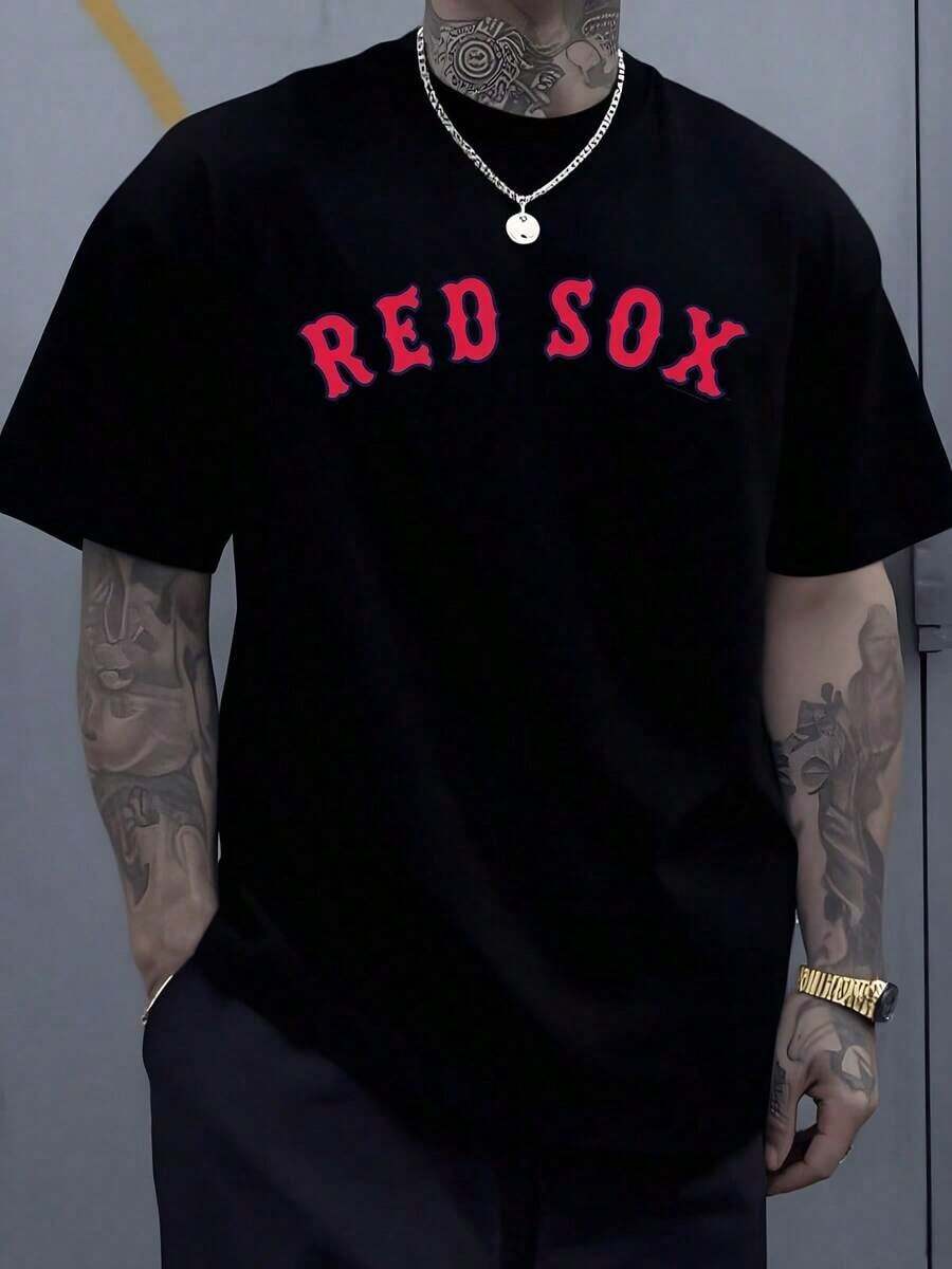 1pcs Red Sox Letter Graphic Men's Sports T Shirt Casual Streetwear 100% Cotton Tee Vintage Baseball Theme Digital Printed T Shirt Print Y2K Crew Neck T Shirt For Women, Holiday, Vacation, Spring, Festival,Graphic Tees,Vintage T Shirts,Free Shipping,100% Cotton - 黑色 - 查看 1