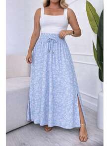 Long, Printed Viscose Skirt, Lined, High Waist With Pockets And Side Slits. - 淺藍色花朵 - 查看 2