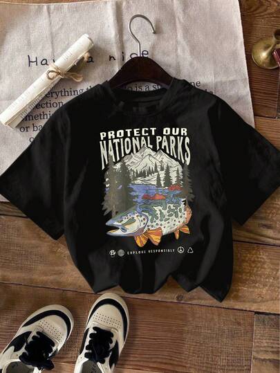 女士加大码印花T恤，短袖常规款，饰有国家公园鱼类图案，高弹圆领，秋季街头风。