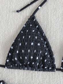 Bikini de dos piezas con estampado de leopardo y fruncido, conjunto de baño con tiras de amarre estilo europeo, bestseller todo el año para fiestas en la playa - Fondo negro con pequeños puntos blancos - View 5