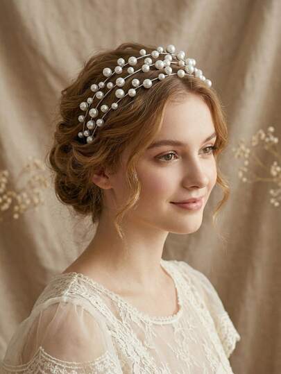 1pc French Vintage Sweet Pearl Multi-Layer Headband, Silver Metal Hairband, Elegant Hair Jewelry For Girls,Elegant Faux Pearl Decor Triple Layer Headband, Bridal Wedding Hair Hoop, Fairy Hair Accessories For Women Prom Party