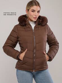 Women's Lined Puffer Jacket, Comfortable, Fur-Fitted, With Removable Hood, Autumn/Winter Style. - Coffee Brown - View 1