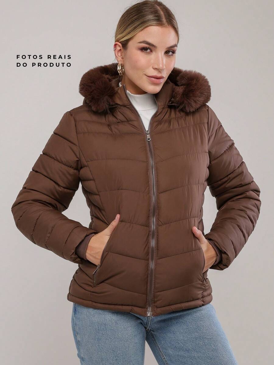 Women's Lined Puffer Jacket, Comfortable, Fur-Fitted, With Removable Hood, Autumn/Winter Style. - Coffee Brown - View 1