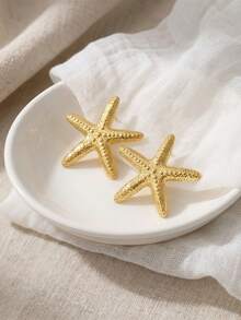 OBOVAY 2pcs/Set Stainless Steel Gold Fashion Earrings, Seahorse, Starfish, Seaweed Ocean Theme Elegant Earrings, Perfect For Daily Wear, Holidays And Parties, Thoughtful Gift For Mother's Day, Easter Or Beach Vacation - Gold - View 11