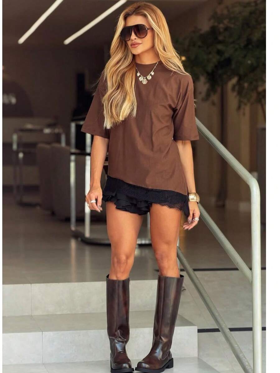 Women's Solid Color Casual T-Shirt With Asymmetrical Hem And Lace Trim, Versatile Everyday Wear - Rust Brown - View 1
