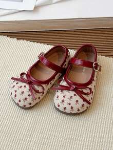 1 Pair Girls' Ditsy Floral Minimalist Bow Imitation Shoes, Fashionable & Elegant Spring/Autumn Campus Style Shoes - Red - View 5
