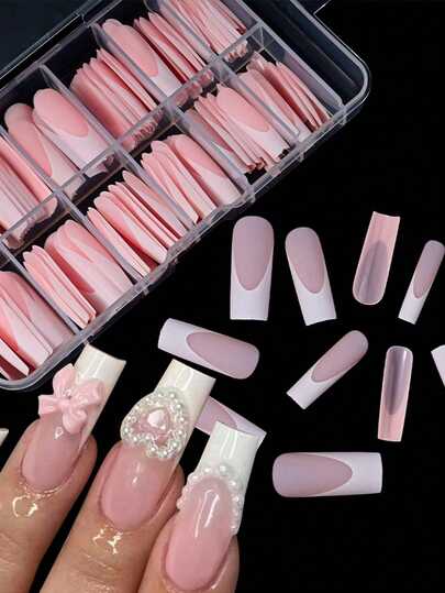 120pcs/Box French Light Pink Press On Nails Fake Nails Art Kit,120pcs Coffin Manicure Glossy And Matte Full Cover False Nails For Women Girls, Natural Artificial Nail Tips For DIY Nail Supplies