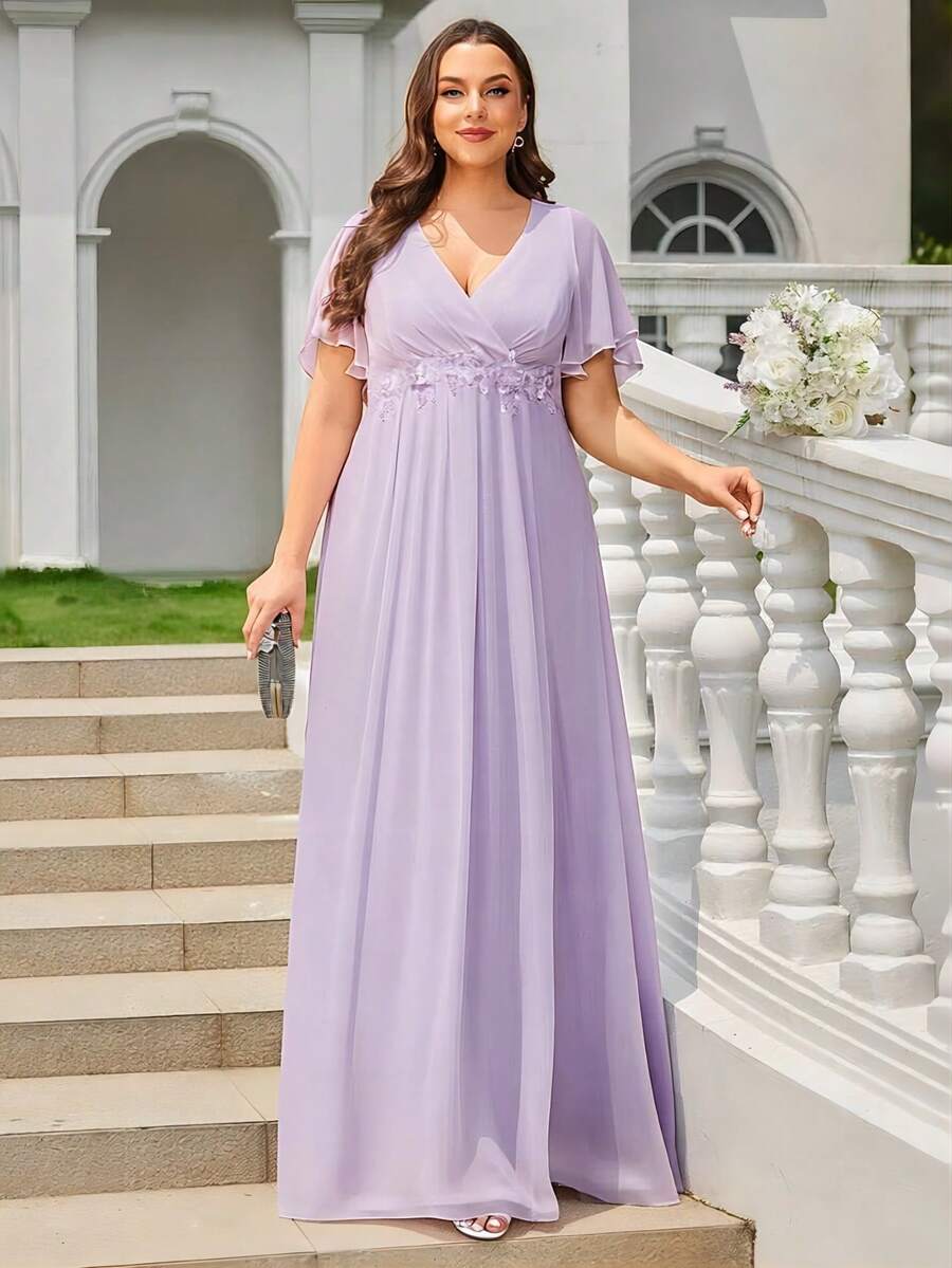 EVERPRETTY Elegant V-Neck Applique Ruffle Sleeve Chiffon Wedding Guest Dress, Wedding Dress, Formal Dress For Special Occasion