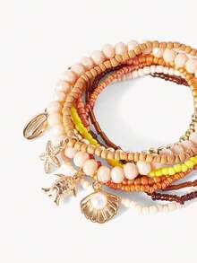 Opalesca 9件套夏季新款休闲度假风海龟、海星、仿珍珠贝壳吊坠串珠弹力手链套装，适合海滩、旅行、派对、约会、外出、日常佩戴 - 貝殼+海星+烏龜 - 查看 5