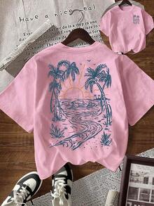Camiseta informal de mujer de manga corta, cuello redondo y ajuste holgado con estampado de letras, para el verano - Rosa Pálido - Ver 1