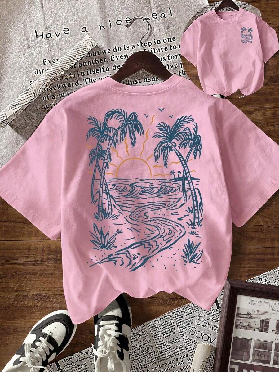 Camiseta informal de mujer de manga corta, cuello redondo y ajuste holgado con estampado de letras, para el verano - Rosa Pálido - Ver 1