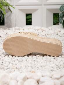 Women's Apricot Casual Solid Color Thick Bottom Woven Rope Sandals, Bohemian Holiday Retro Wedge Platform Slide Sandals, Canvas Sole Rope Decor Wedge Mule Sandals, Spring Summer Shoes Spring Break Easter - Apricot - View 7