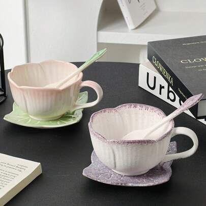 Juego de vajilla con flor de loto de cerámica (2 opciones de color), adorable taza con forma de pétalo, platillo, juego de cucharas, rosa claro/verde, morado/blanco, taza de alta calidad para café/sopa, regalo para mamá, amigos
