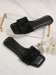 2024 Frühling/Herbst Luxus Damen Flache Sandalen, Niedriger Absatz Rutschfeste Große Größen Strass Pantoffeln, Vielseitige Riemen Slides - Schwarz - Übersicht 6