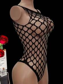Mono de mujer con diseño de jacquard sexy y transparente, lencería de una pieza de malla transparente - Negro - Ver 3