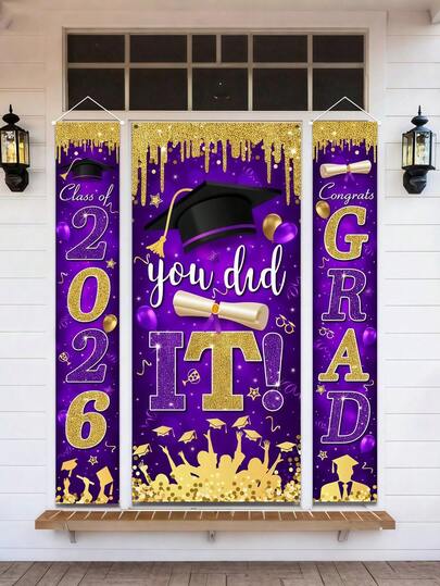 Trang trí lễ tốt nghiệp màu tím và vàng: Băng rôn tốt nghiệp khóa 2026 và đồ trang trí cửa "Bạn đã làm được!"; Vật dụng cho lễ diễu hành tốt nghiệp trung học và đại học (màu tím)
