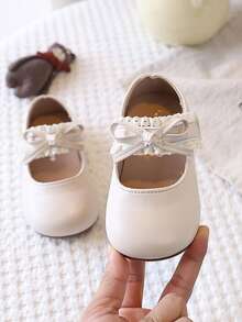 1 đôi giày bé gái mũi tròn đơn giản có viền ren, giày lười thắt nơ thanh lịch cho mùa xuân và mùa thu. - Màu be - Xem 4