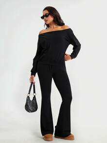 YZMJAFU Women's Spring/Summer 2-Piece Set: Drop-Shoulder Long Pullover & Drawstring Waist Sweatpants - Black - View 6
