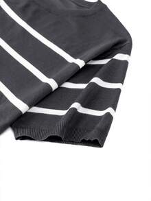 Men's Short Sleeve Knit Contrast Striped Sweater, Retro Lightweight Pullover Knit Top T-Shirt, Casual Commuter Wear For Summer - Dark Grey - View 5