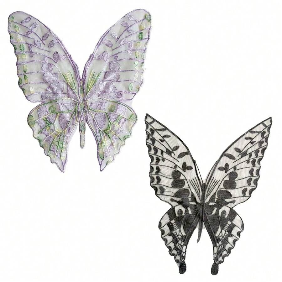 2Pcs Large Butterfly Patches, Big Embroidered Applique Patches For Jackets Jeans Bags, Floral Motif Sew On Patches For Clothing Repair & Decoration (Black, Purple) - Black+Purple - 查看 1