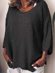 Plus Size Loose Solid Color 3/4 Sleeve Knit Sweater Black - Black - View 3